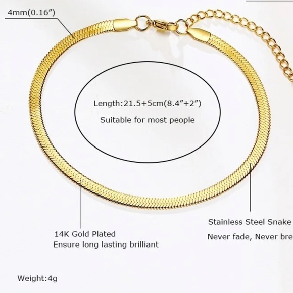 14k Gold Plated Snake Herringbone Chain Ankle Bracelet Anklet Waterproof - Picture 3 of 7